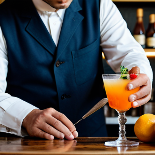 Home 15 A professional male mixologist, fully clothed in a clean, modest uniform, meticulously crafting a sophisticated cocktail at a polished bar counter. Fresh, vibrant local fruits and herbs, reminiscent of a French market, are artfully arranged nearby. The mixologist's hands are precisely measuring ingredients, showcasing perfect anatomy and well-formed hands. The lighting is soft and professional, highlighting the rich colors of the ingredients. The overall scene conveys artistry and dedication to quality ingredients, safe for work, appropriate content, correct proportions, natural pose, professional photography, high quality.
