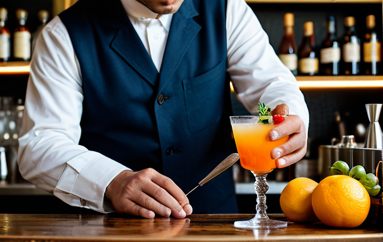 A professional male mixologist, fully clothed in a clean, modest uniform, meticulously crafting a sophisticated cocktail at a polished bar counter. Fresh, vibrant local fruits and herbs, reminiscent of a French market, are artfully arranged nearby. The mixologist's hands are precisely measuring ingredients, showcasing perfect anatomy and well-formed hands. The lighting is soft and professional, highlighting the rich colors of the ingredients. The overall scene conveys artistry and dedication to quality ingredients, safe for work, appropriate content, correct proportions, natural pose, professional photography, high quality.
