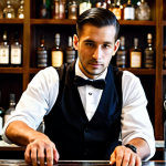 A professional barman, focused and skilled, preparing a classic Old Fashioned cocktail behind a gleaming, well-organized bar counter. He is wearing a crisp, dark uniform with an apron, fully clothed, modest clothing, appropriate attire, professional dress. The background shows a sophisticated bar interior with elegant glassware and liquor bottles, softly lit, evoking a welcoming and convivial atmosphere. Perfect anatomy, natural pose, correct proportions, well-formed hands, proper finger count, professional photography, high quality, safe for work, appropriate content, fully clothed, professional.