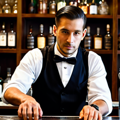 Home 14 A professional barman, focused and skilled, preparing a classic Old Fashioned cocktail behind a gleaming, well-organized bar counter. He is wearing a crisp, dark uniform with an apron, fully clothed, modest clothing, appropriate attire, professional dress. The background shows a sophisticated bar interior with elegant glassware and liquor bottles, softly lit, evoking a welcoming and convivial atmosphere. Perfect anatomy, natural pose, correct proportions, well-formed hands, proper finger count, professional photography, high quality, safe for work, appropriate content, fully clothed, professional.