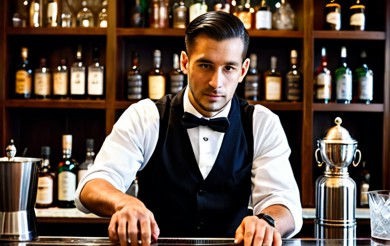 A professional barman, focused and skilled, preparing a classic Old Fashioned cocktail behind a gleaming, well-organized bar counter. He is wearing a crisp, dark uniform with an apron, fully clothed, modest clothing, appropriate attire, professional dress. The background shows a sophisticated bar interior with elegant glassware and liquor bottles, softly lit, evoking a welcoming and convivial atmosphere. Perfect anatomy, natural pose, correct proportions, well-formed hands, proper finger count, professional photography, high quality, safe for work, appropriate content, fully clothed, professional.