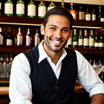 A professional male bartender with a warm, inviting smile, making direct eye contact with a customer at an elegant, softly lit bar in Paris. He is fully clothed in a crisp, dark waistcoat and a pristine white shirt, exuding professionalism and approachability. The background features polished mahogany counters, gleaming glassware, and artfully arranged bottles, hinting at a sophisticated yet comfortable atmosphere. The scene captures the essence of a welcoming first impression and active listening. Perfect anatomy, correct proportions, natural pose, well-formed hands, proper finger count, natural body proportions. Safe for work, appropriate content, fully clothed, professional dress, modest clothing.