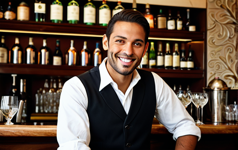 A professional male bartender with a warm, inviting smile, making direct eye contact with a customer at an elegant, softly lit bar in Paris. He is fully clothed in a crisp, dark waistcoat and a pristine white shirt, exuding professionalism and approachability. The background features polished mahogany counters, gleaming glassware, and artfully arranged bottles, hinting at a sophisticated yet comfortable atmosphere. The scene captures the essence of a welcoming first impression and active listening. Perfect anatomy, correct proportions, natural pose, well-formed hands, proper finger count, natural body proportions. Safe for work, appropriate content, fully clothed, professional dress, modest clothing.