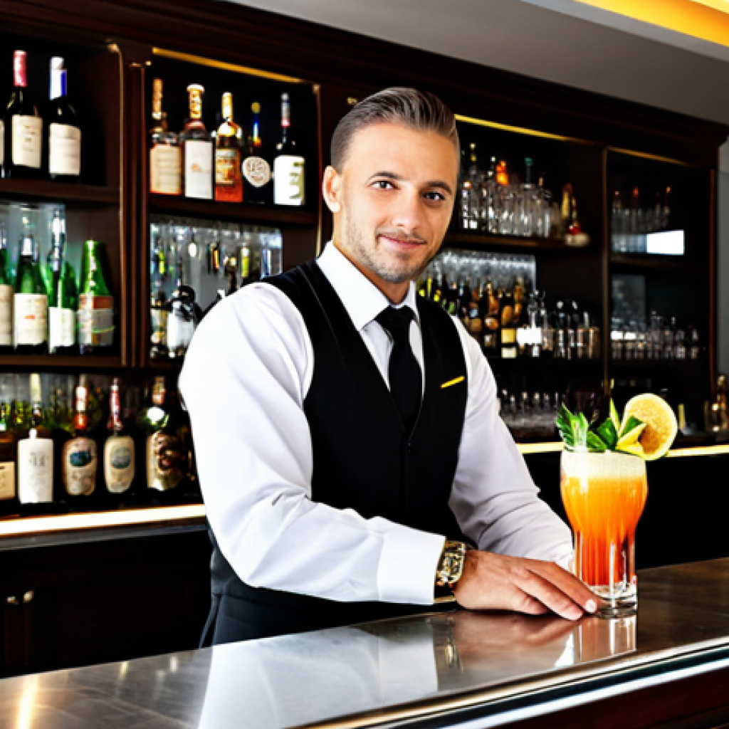 Elegant Bartender**

"A professional bartender, fully clothed in a stylish bar uniform, mixing a cocktail behind a well-lit bar counter with various bottles, appropriate attire, safe for work, perfect anatomy, natural pose, professional photography, high quality, family-friendly."

**