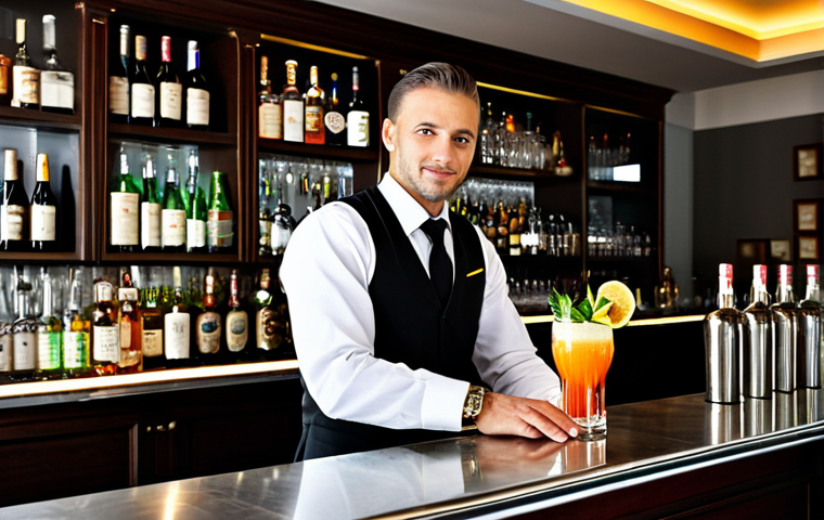 Elegant Bartender**

"A professional bartender, fully clothed in a stylish bar uniform, mixing a cocktail behind a well-lit bar counter with various bottles, appropriate attire, safe for work, perfect anatomy, natural pose, professional photography, high quality, family-friendly."

**