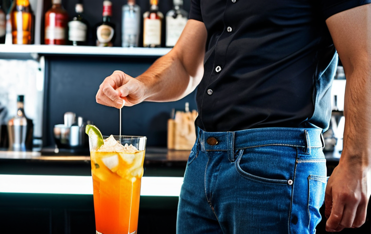 바텐더로 성공적인 경력 전환 - Bartender Training Session**
A focused individual in a fully clothed, modest outfit (e.g., jeans an...