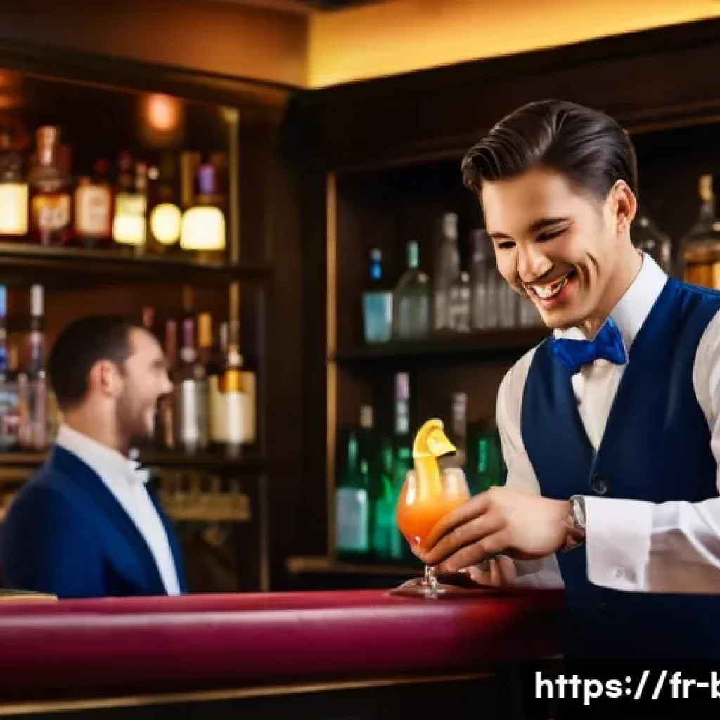 바텐더 경력직 인터뷰 성공 전략 - **Image Prompt:** A young, smiling bartender (male, early 20s) stands behind a well-lit bar, wearing...