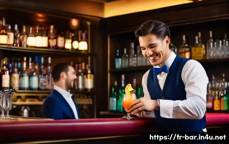 바텐더 경력직 인터뷰 성공 전략 - **Image Prompt:** A young, smiling bartender (male, early 20s) stands behind a well-lit bar, wearing...
