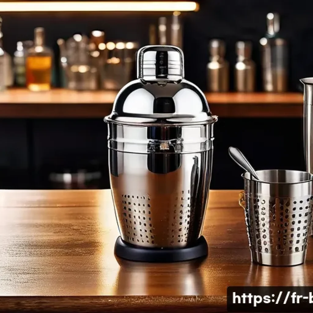 바텐더에게 필요한 기본 장비 - A professional bartender’s workstation featuring a stainless steel Boston shaker mid-action, with co...
