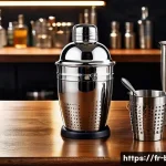 바텐더에게 필요한 기본 장비 - A professional bartender’s workstation featuring a stainless steel Boston shaker mid-action, with co...