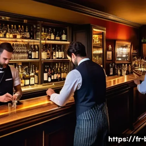 바텐더 업무 관련 실수 대처법 - A busy French bar scene during peak hours, showing a diverse team of bartenders and servers working ...