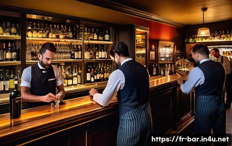 바텐더 업무 관련 실수 대처법 - A busy French bar scene during peak hours, showing a diverse team of bartenders and servers working ...