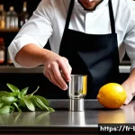 바텐더의 필수 테크닉 - A professional bartender in a modern French bar setting, precisely measuring cocktail ingredients us...