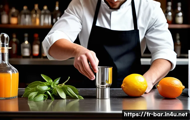 바텐더의 필수 테크닉 - A professional bartender in a modern French bar setting, precisely measuring cocktail ingredients us...