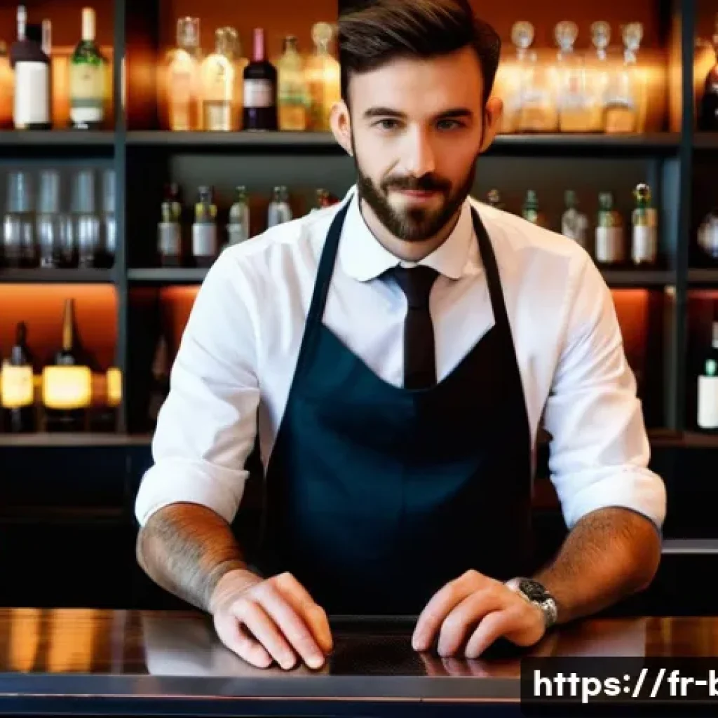바텐더 직업 전망과 변화 - A modern French bartender creatively preparing an artisanal cocktail behind a sleek bar counter in a...