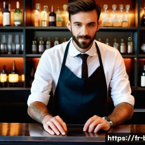 바텐더 직업 전망과 변화 - A modern French bartender creatively preparing an artisanal cocktail behind a sleek bar counter in a...