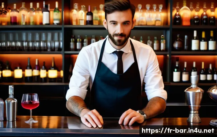 바텐더 직업 전망과 변화 - A modern French bartender creatively preparing an artisanal cocktail behind a sleek bar counter in a...