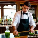 바텐더로 성공하기 위한 필수 소양 - A professional French bartender in a stylish Parisian bar, demonstrating flawless precision while pr...