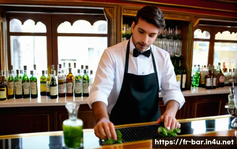 바텐더로 성공하기 위한 필수 소양 - A professional French bartender in a stylish Parisian bar, demonstrating flawless precision while pr...