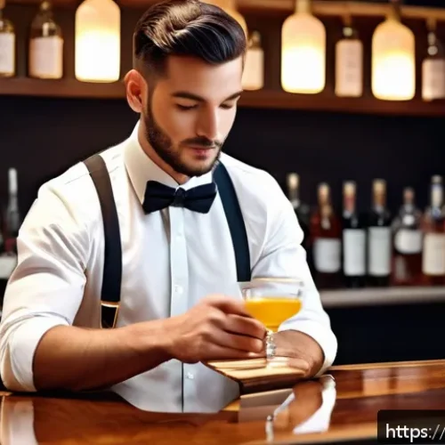 Home 32 바텐더 직업의 보람과 의미 - A professional bartender meticulously organizing a stylish Parisian bar before opening: neatly arran...