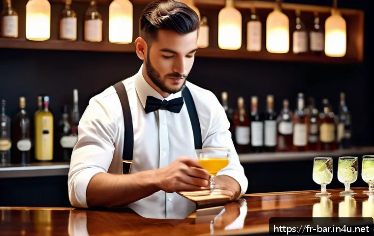 바텐더 직업의 보람과 의미 - A professional bartender meticulously organizing a stylish Parisian bar before opening: neatly arran...