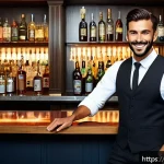 Home 19 바텐더 면접 시 주의사항 - A professional bartender in a stylish, clean bar setting, wearing a neatly ironed white shirt, black...