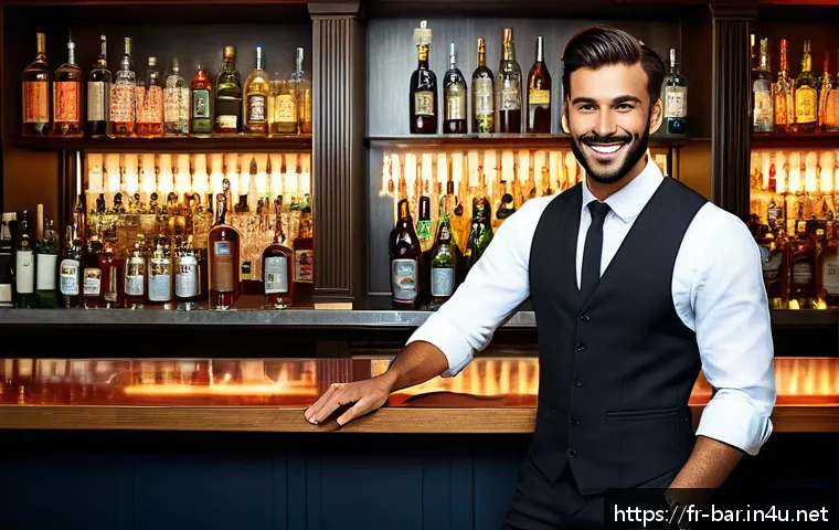 바텐더 면접 시 주의사항 - A professional bartender in a stylish, clean bar setting, wearing a neatly ironed white shirt, black...