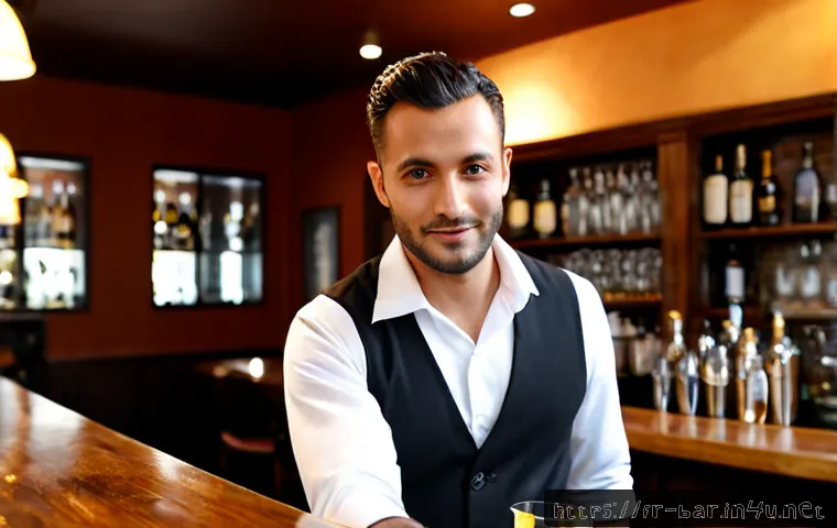바텐더 직업의 매력 - Photorealistic French cocktail bar scene, confident professional bartender in a crisp white shirt, d...