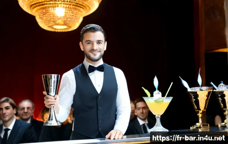 바텐더 칵테일 대회 우승 사례 - Photorealistic French cocktail competition winner on a refined Parisian stage, confident adult barte...