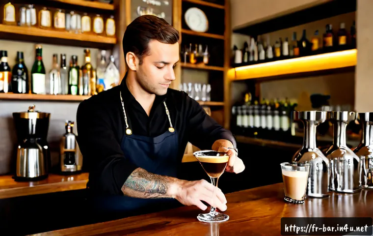 바텐더 업무 사례 공유 - Photorealistic French neighborhood cocktail bar, experienced bartender in crisp black shirt and apro...